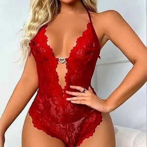 🛍$45 Sale🛍 Holiday Ready Rhinestone Red Lace Lingerie Halter Bodysuit, M
